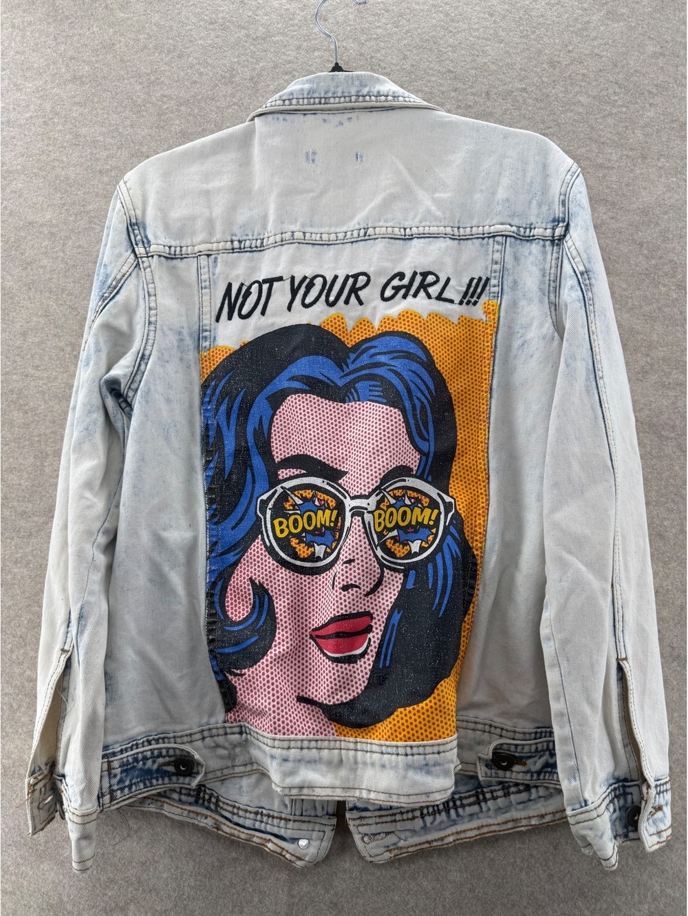Fashion Nova Acid Wash Denim Jacket Pop Art Graphic “Not Your Girl” Women’s XS